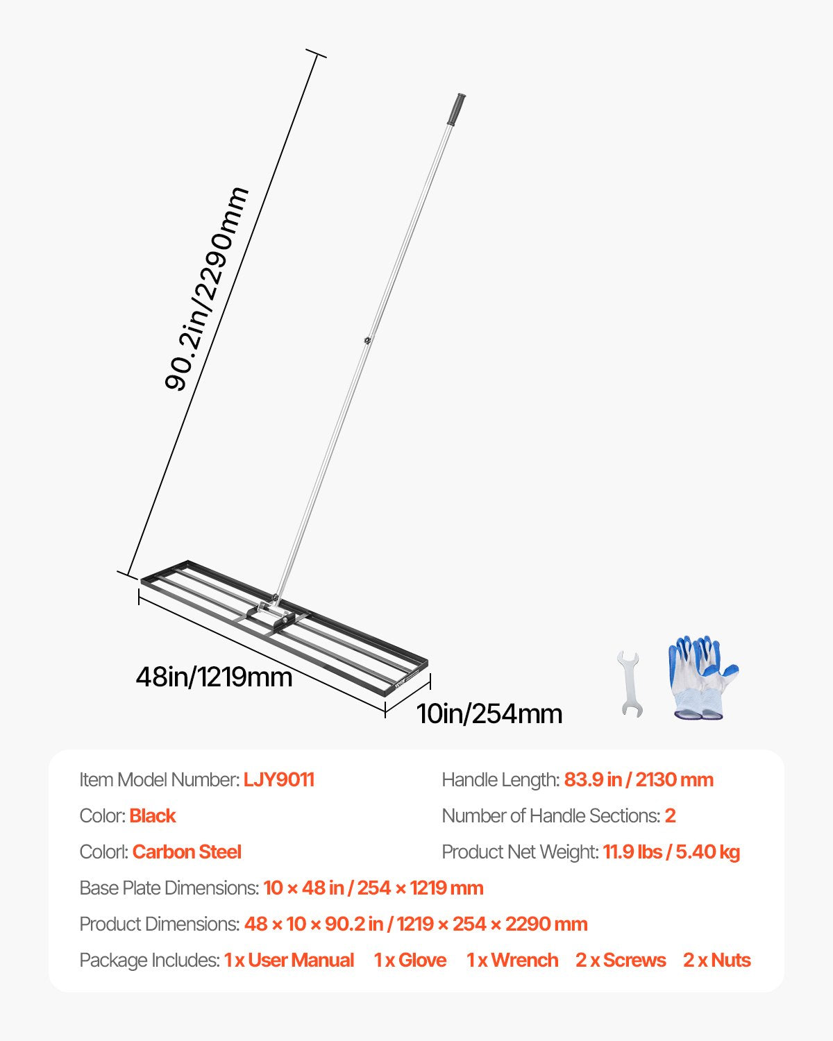 Lawn Leveling Rake, Lawn Leveler with 83.9 in Handle, 48x10 in Ground Plate, Rust-Resistant Carbon Steel Soil Leveler, 2 Heights Adjustable, Effort Saving Lawn Leveling Tool for Yard Golf Court