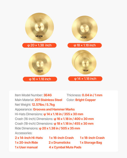 Cymbal Pack, 4 Pieces Cymbals for Drum Set, Alloy Cymbals Drum Set Includes 14-inch Hi-Hats, 16-inch Crash, 18-inch Crash, 20-inch Ride, Drumsticks & Cymbal Bag, Alloy Cymbal Pack for Drummer