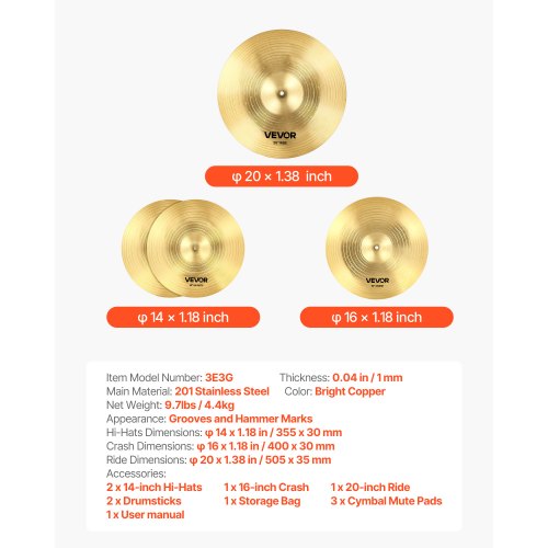 Beckenpaket 3-teilig Becken Schlagzeugset 14 16 20 Zoll Becken für Schlagzeug