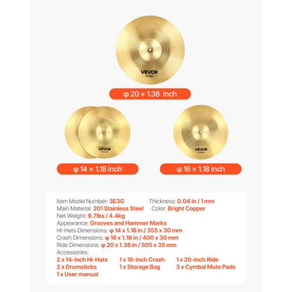 Beckenpaket 3-teilig Becken Schlagzeugset 14 16 20 Zoll Becken für Schlagzeug