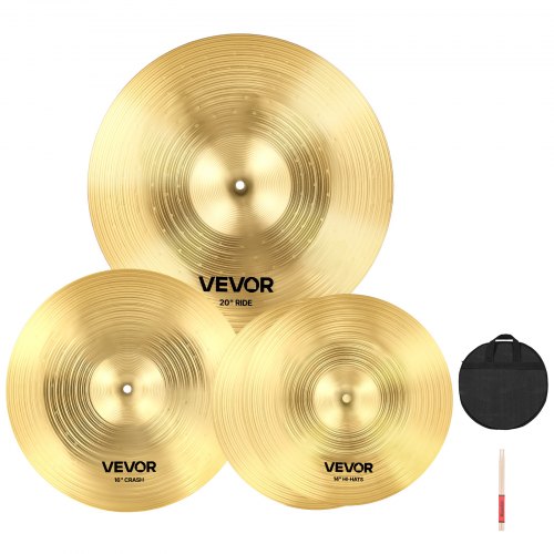 Cymbal Pack, 3 Pieces Cymbals for Drum Set, Alloy Cymbals Drum Set Includes 14-inch Hi-Hats, 16-inch Crash, 20-inch Ride, Drumsticks & Cymbal Bag, Alloy Cymbal Pack for Drummer, Bright Copper