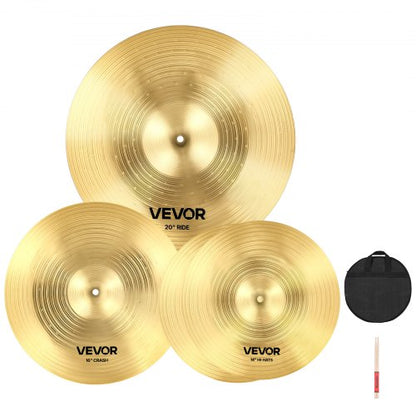 Cymbal Pack, 3 Pieces Cymbals for Drum Set, Alloy Cymbals Drum Set Includes 14-inch Hi-Hats, 16-inch Crash, 20-inch Ride, Drumsticks & Cymbal Bag, Alloy Cymbal Pack for Drummer, Bright Copper