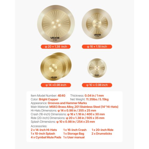 Cymbal Pack 4 Pieces Cymbals Drum Set 10 14 16 20 Inch Cymbals for Drums