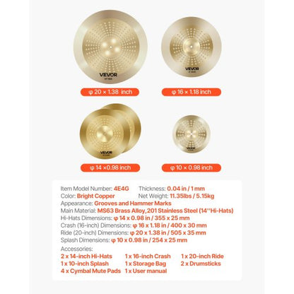 Cymbal Pack 4 Pieces Cymbals Drum Set 10 14 16 20 Inch Cymbals for Drums