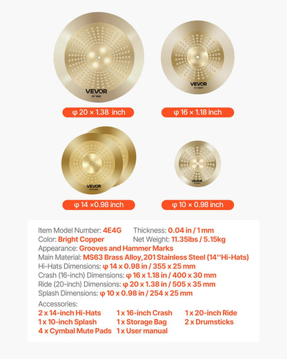 Cymbal Pack, 4 Pieces Cymbals for Drum Set, Alloy Cymbals Drum Set Includes 14-inch Hi-Hats, 16-inch Crash, 20-inch Ride, 10-inch Splash, Drumsticks & Cymbal Bag, Alloy Cymbal Pack for Drummer