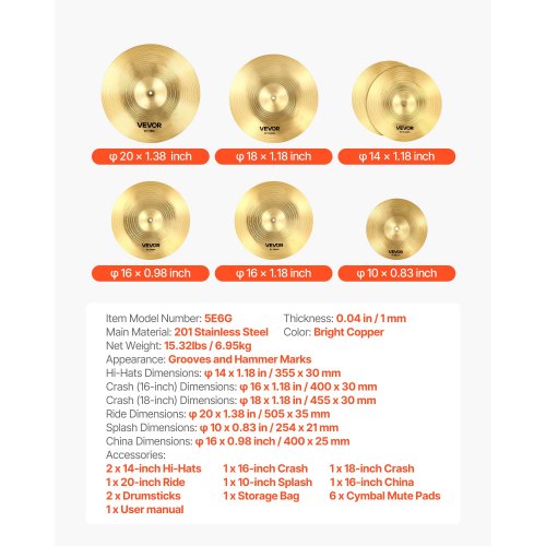 Beckenpaket 6-teiliges Beckenset 10 14 16 18 20 Zoll Becken für Schlagzeug