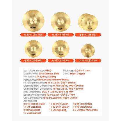 Beckenpaket 6-teiliges Beckenset 10 14 16 18 20 Zoll Becken für Schlagzeug