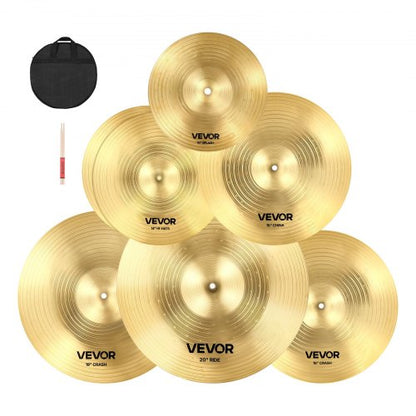 Cymbal Pack, 6 Pieces Cymbals for Drum Set, Alloy Cymbals Drum Set Includes 14-inch Hi-Hats, 16-inch Crash, 18-inch Crash, 20-inch Ride, 10-inch Splash, 16-inch China, Drumsticks & Cymbal Bag