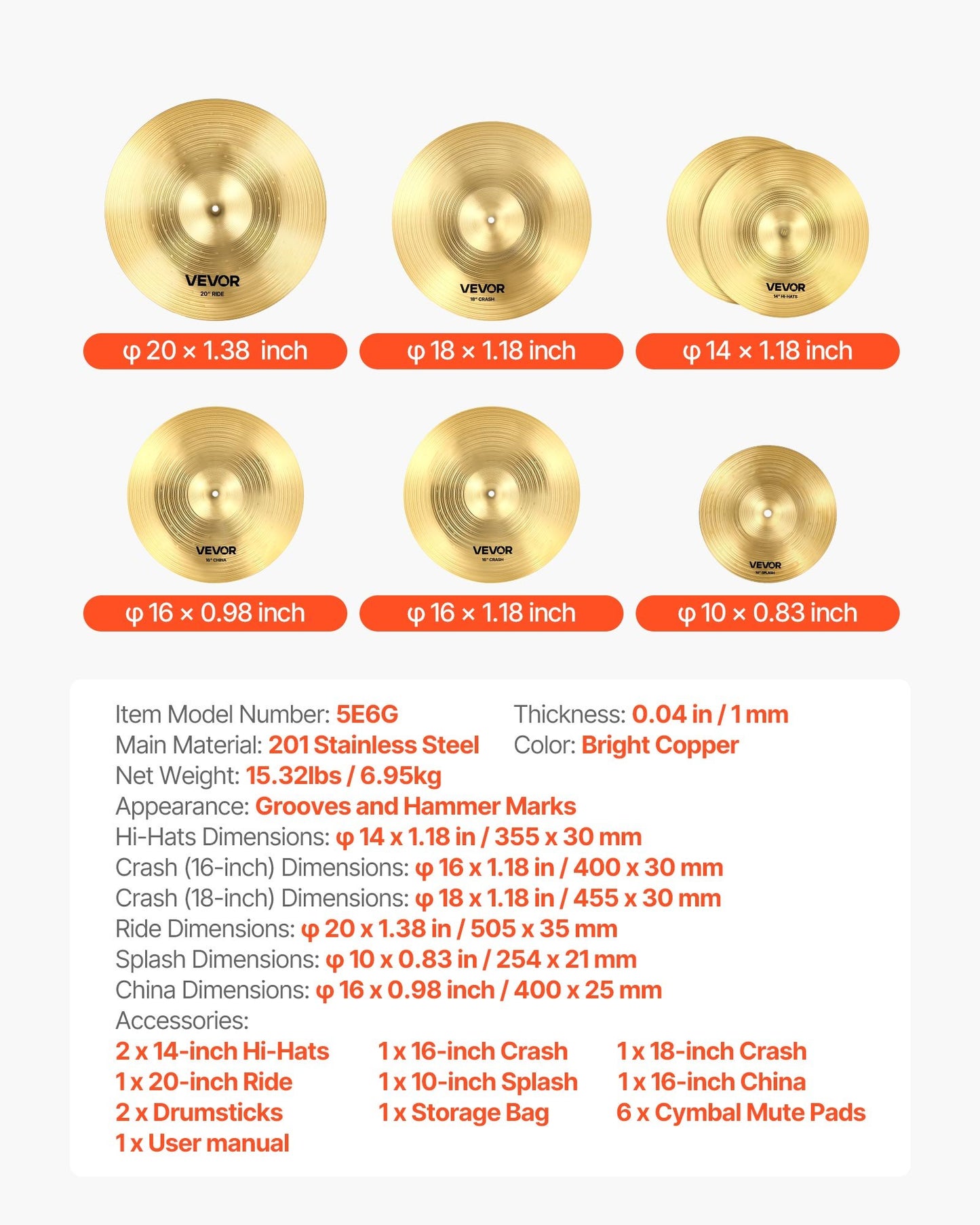 Cymbal Pack, 6 Pieces Cymbals for Drum Set, Alloy Cymbals Drum Set Includes 14-inch Hi-Hats, 16-inch Crash, 18-inch Crash, 20-inch Ride, 10-inch Splash, 16-inch China, Drumsticks & Cymbal Bag