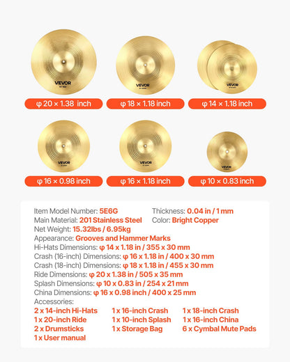 Cymbal Pack, 6 Pieces Cymbals for Drum Set, Alloy Cymbals Drum Set Includes 14-inch Hi-Hats, 16-inch Crash, 18-inch Crash, 20-inch Ride, 10-inch Splash, 16-inch China, Drumsticks & Cymbal Bag
