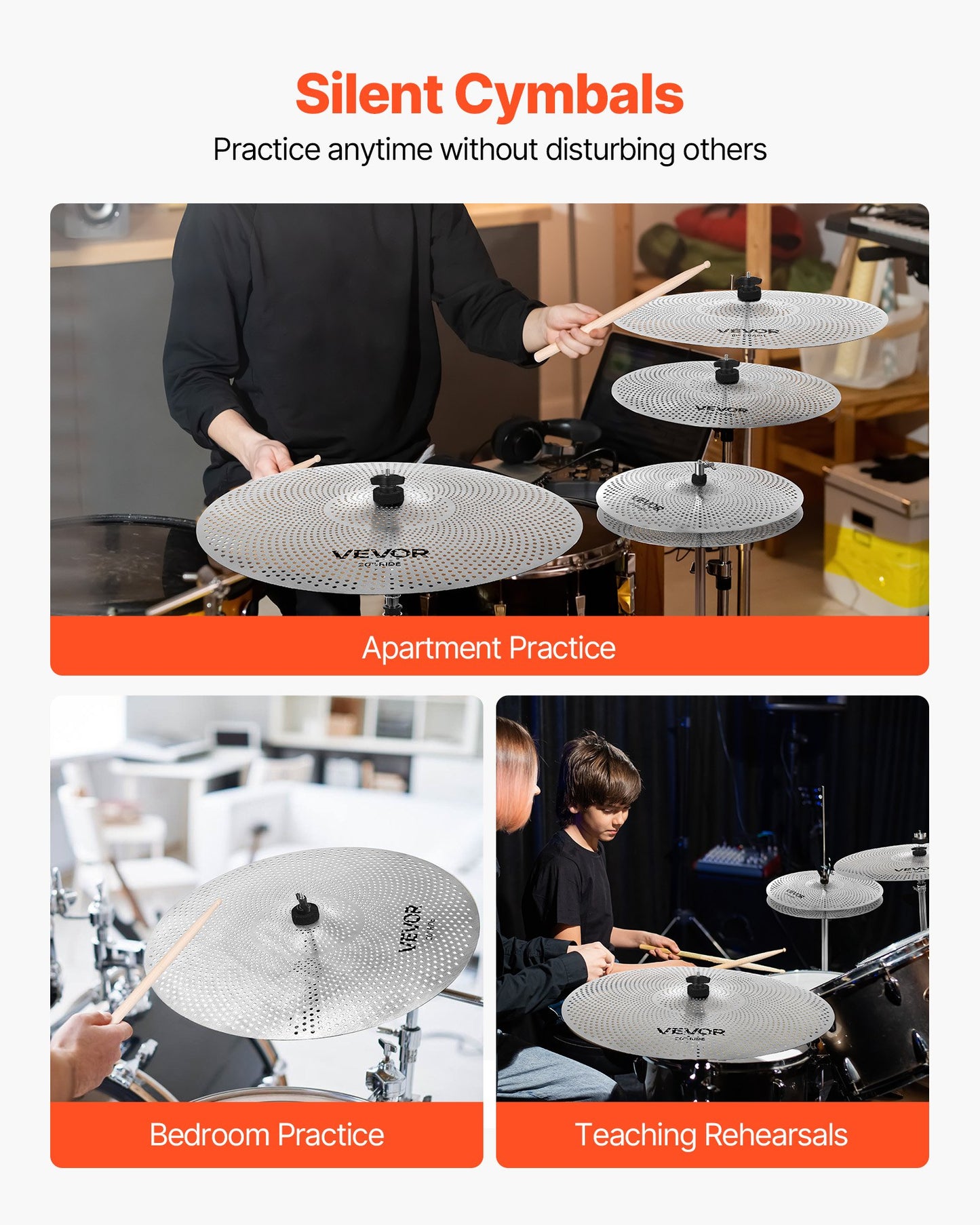 Low Volume Cymbal Pack, 4 Pieces Quiet Cymbals for Drum Set, Alloy Cymbals Drum Set Includes 14-inch Hi-Hats, 16-inch Crash, 18-inch Crash, 20-inch Ride, Drumsticks & Cymbal Bag, Bright Copper