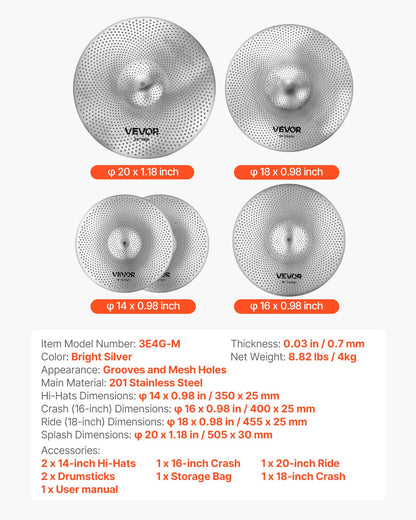 Low Volume Cymbal Pack, 4 Pieces Quiet Cymbals for Drum Set, Alloy Cymbals Drum Set Includes 14-inch Hi-Hats, 16-inch Crash, 18-inch Crash, 20-inch Ride, Drumsticks & Cymbal Bag, Bright Copper
