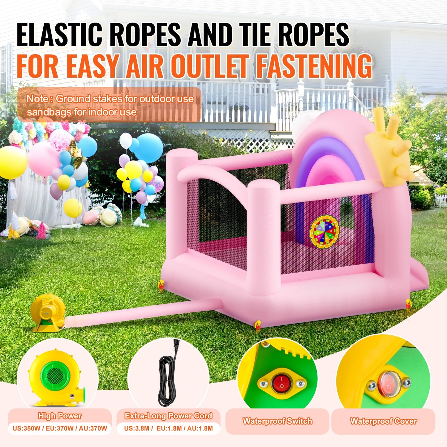 Uppblåsbart studshus, inomhus utomhus lekstuga studsmatta, Kid Jumping Bouncer med blåsare, rutschkana, förvaringsväska, hoppborg för familjens bakgård, för flickor Pojkar i åldrarna 3–8 år, 110x91x91 tum