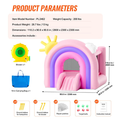 Uppblåsbart studshus, inomhus utomhus lekstuga studsmatta, Kid Jumping Bouncer med blåsare, rutschkana, förvaringsväska, hoppborg för familjens bakgård, för flickor Pojkar i åldrarna 3–8 år, 110x91x91 tum
