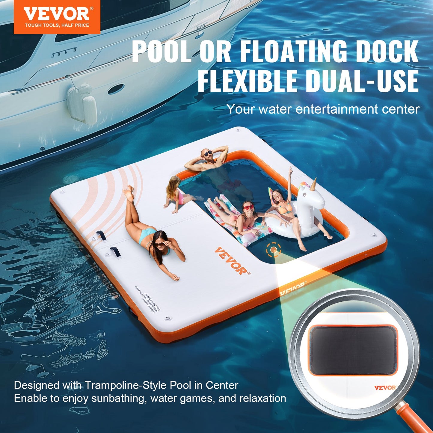 Inflatable Floating Dock, 10x10FT Inflatable Docking Platform with 4*7FT Trampoline Net Pool, Non-Slip Floating Platform Water Mat with Portable Bag and Removable Ladder for Poolside Relaxation