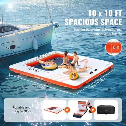 Inflatable Floating Dock, 10x10FT Inflatable Docking Platform with 4*7FT Trampoline Net Pool, Non-Slip Floating Platform Water Mat with Portable Bag and Removable Ladder for Poolside Relaxation