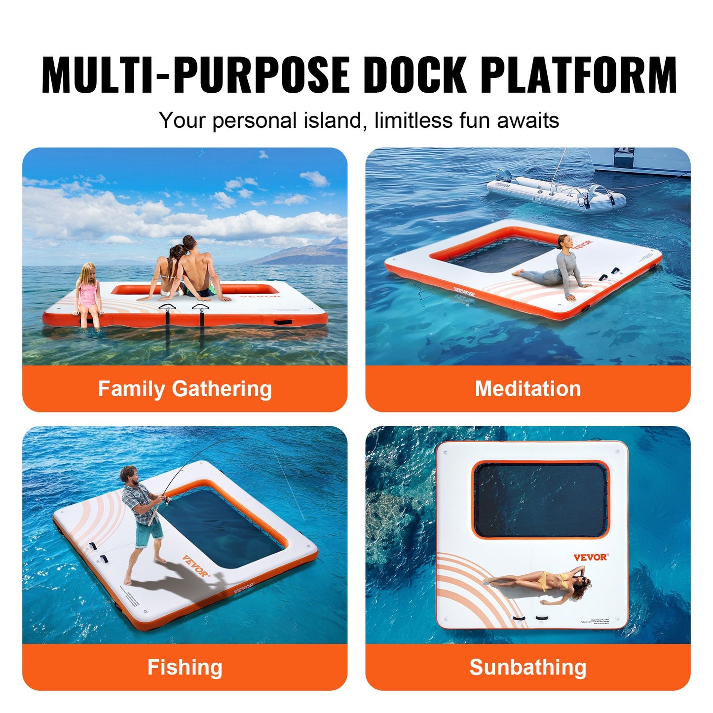 Inflatable Floating Dock, 10x10FT Inflatable Docking Platform with 4*7FT Trampoline Net Pool, Non-Slip Floating Platform Water Mat with Portable Bag and Removable Ladder for Poolside Relaxation