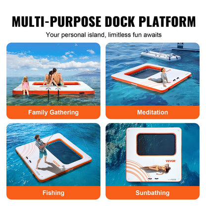 Inflatable Floating Dock, 10x10FT Inflatable Docking Platform with 4*7FT Trampoline Net Pool, Non-Slip Floating Platform Water Mat with Portable Bag and Removable Ladder for Poolside Relaxation