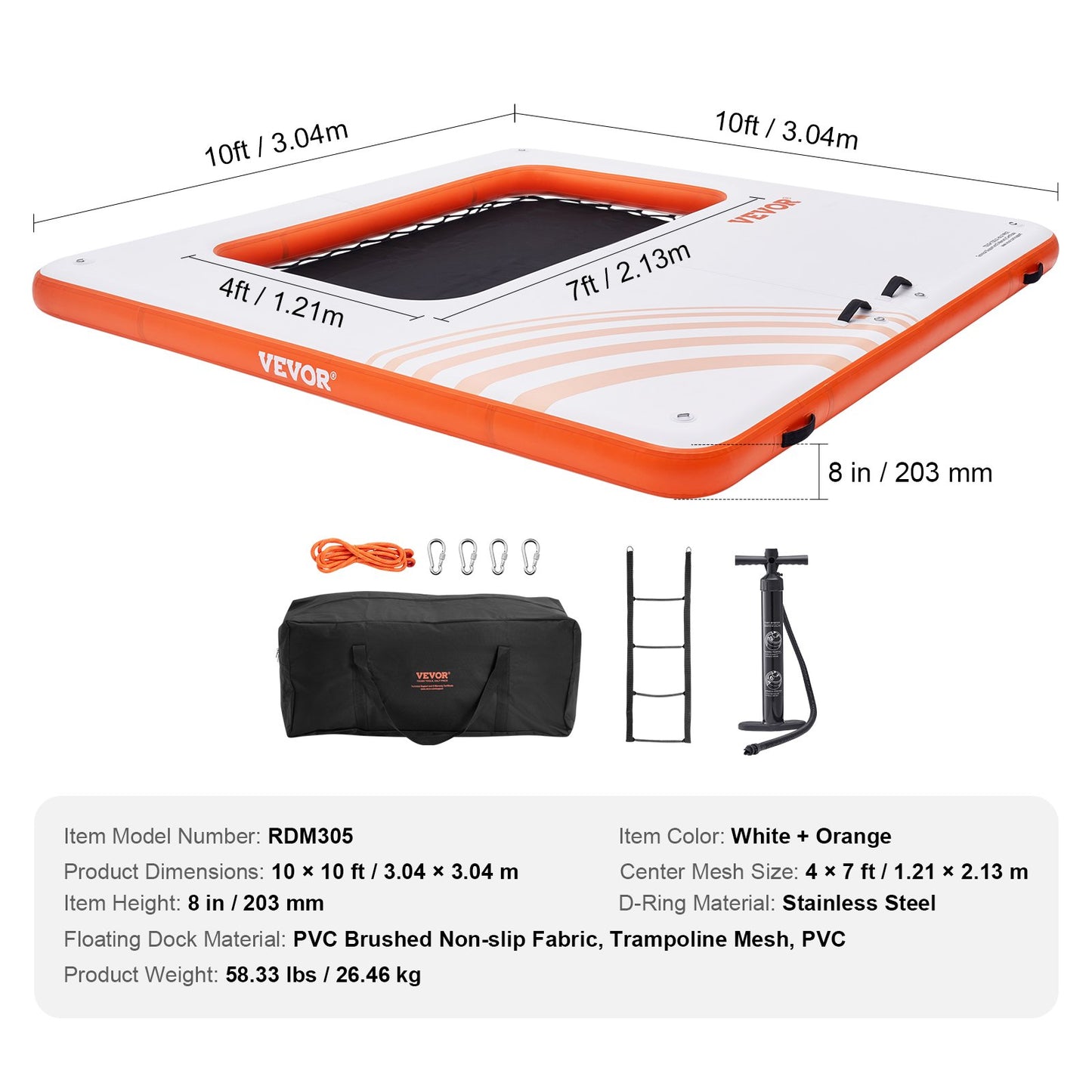 Inflatable Floating Dock, 10x10FT Inflatable Docking Platform with 4*7FT Trampoline Net Pool, Non-Slip Floating Platform Water Mat with Portable Bag and Removable Ladder for Poolside Relaxation