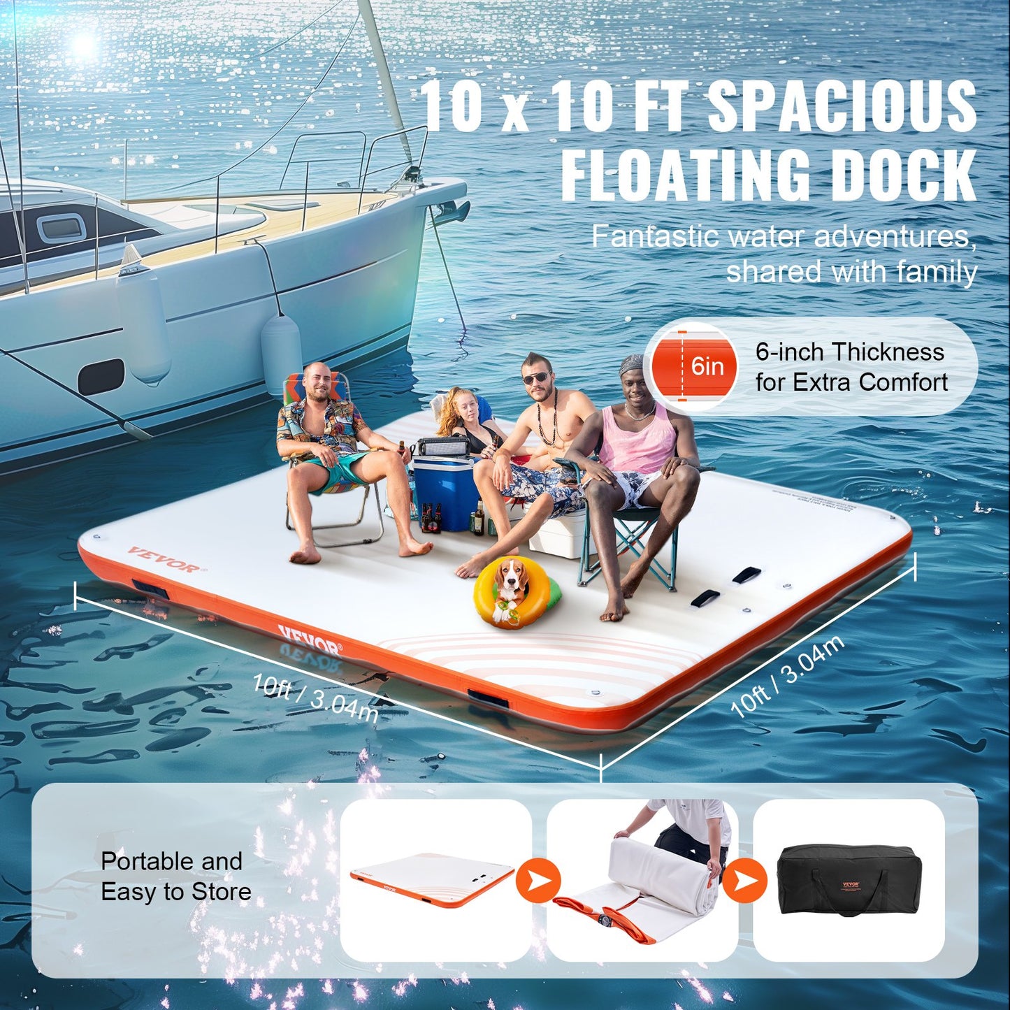 Inflatable Floating Dock, 10 x 10FT Inflatable Dock Platform, Non-Slip Water Floating Dock Mat with Portable Carrying Bag & Detachable Ladder, Floating Platform Island Raft for Pool Beach Ocean