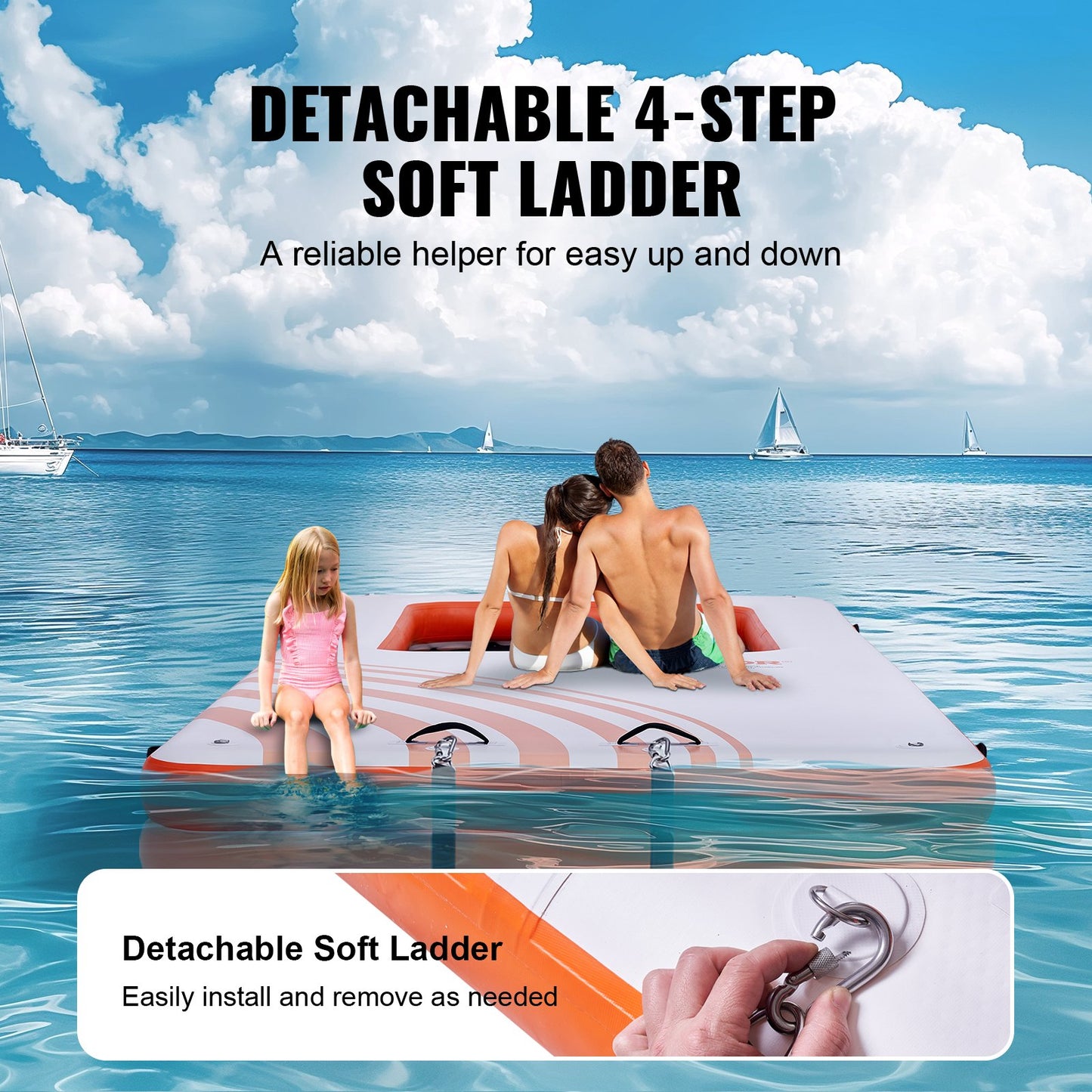 Inflatable Floating Dock, 15x6.5FT Inflatable Dock Platform with 4*6FT Trampoline Mesh Pool, Non-Slip Floating Platform Water Mat with Portable Bag & Detachable Ladder for Pool Beach Relaxation