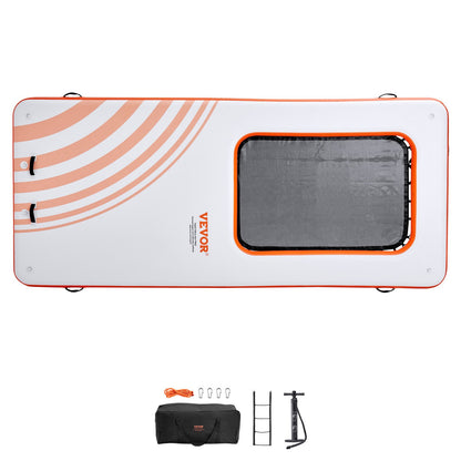 Aufblasbares Schwimmdock, 4,5 x 1,9 m große aufblasbare Dockingplattform mit 1,2 x 1,8 m großem Trampolinnetzpool, rutschfeste Wassermatte mit schwimmender Plattform und tragbarer Tasche und abnehmbarer Leiter zum Entspannen am Pool