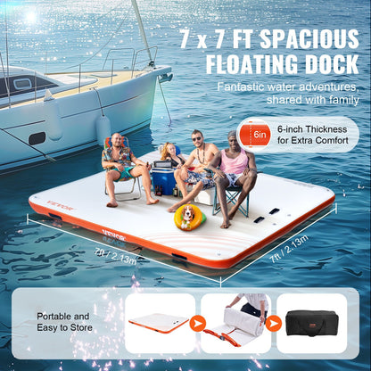 Inflatable Floating Dock, 7 x 7FT Inflatable Dock Platform, Non-Slip Water Floating Dock Mat with Portable Carrying Bag & Detachable Ladder, Floating Platform Island Raft for Pool Beach Ocean