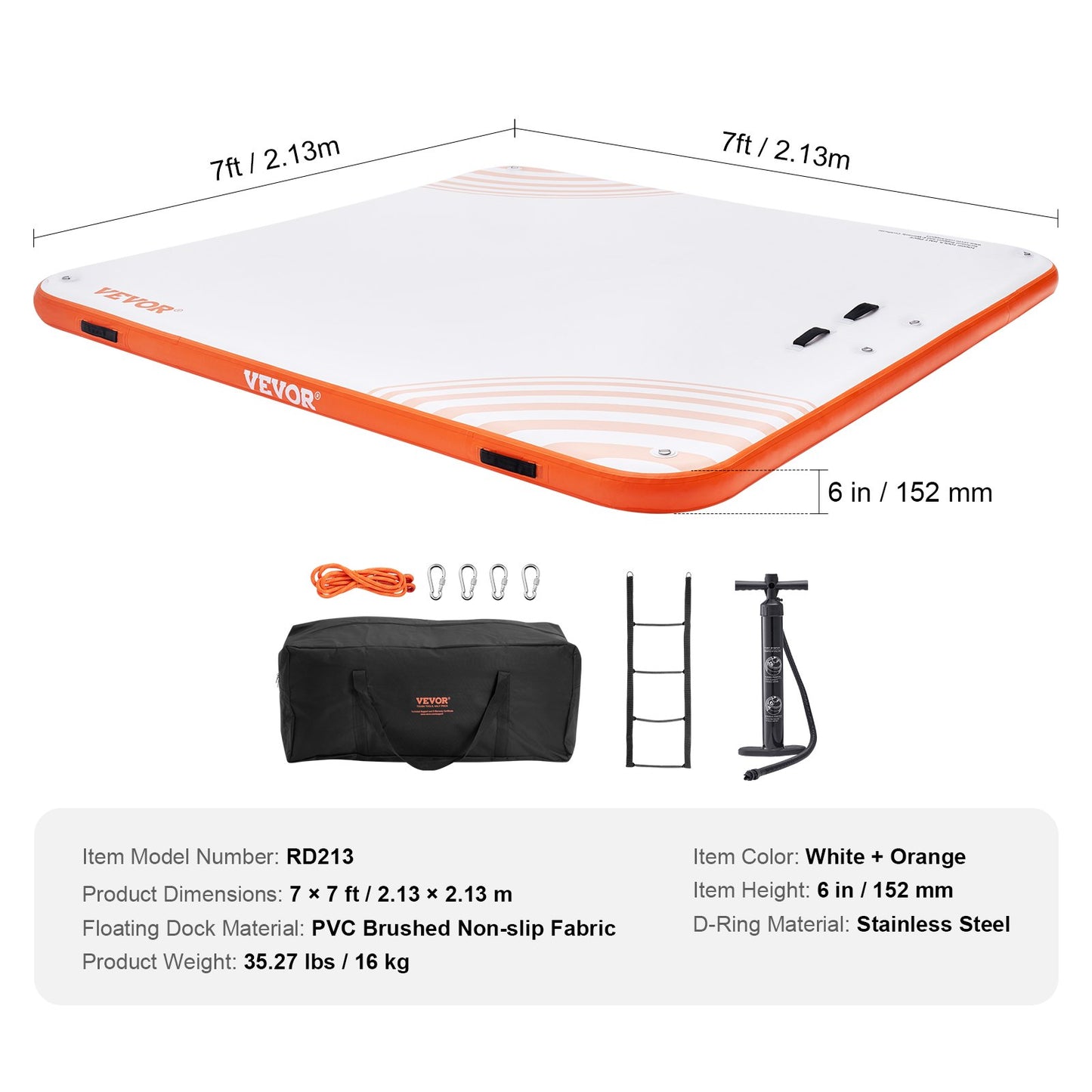 Inflatable Floating Dock, 7 x 7FT Inflatable Dock Platform, Non-Slip Water Floating Dock Mat with Portable Carrying Bag & Detachable Ladder, Floating Platform Island Raft for Pool Beach Ocean