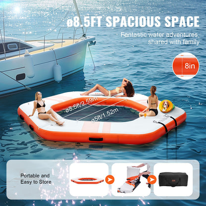 Inflatable Floating Dock, ø8.5FT Inflatable Dock Platform with ø5FT Trampoline Mesh Pool, Non-Slip Floating Platform Water Mat with Portable Bag & Detachable Ladder for Pool Beach Relaxation
