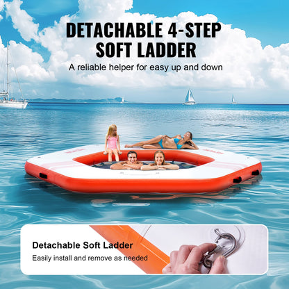 Inflatable Floating Dock, ø8.5FT Inflatable Dock Platform with ø5FT Trampoline Mesh Pool, Non-Slip Floating Platform Water Mat with Portable Bag & Detachable Ladder for Pool Beach Relaxation