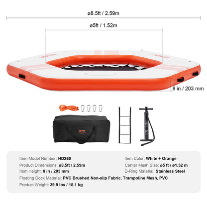 Inflatable Floating Dock, ø8.5FT Inflatable Dock Platform with ø5FT Trampoline Mesh Pool, Non-Slip Floating Platform Water Mat with Portable Bag & Detachable Ladder for Pool Beach Relaxation