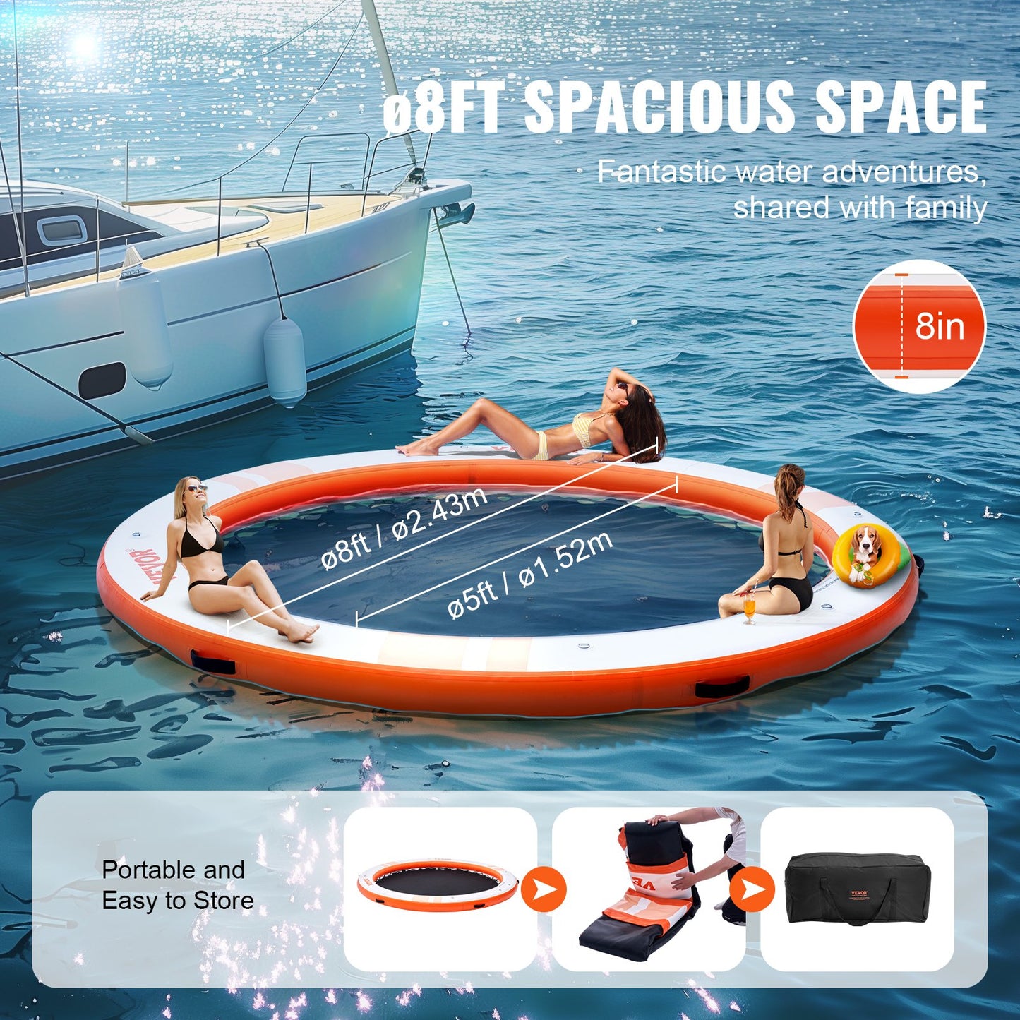 Inflatable Floating Dock, ø8FT Inflatable Dock Platform with ø5FT Trampoline Mesh Pool, Non-Slip Floating Platform Water Mat with Portable Bag & Detachable Ladder for Pool Beach Relaxation