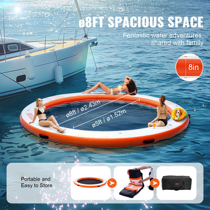 Inflatable Floating Dock, ø8FT Inflatable Dock Platform with ø5FT Trampoline Mesh Pool, Non-Slip Floating Platform Water Mat with Portable Bag & Detachable Ladder for Pool Beach Relaxation