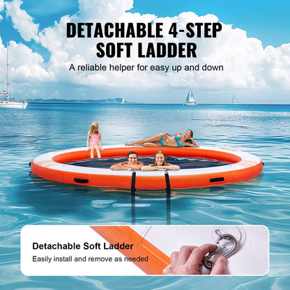 Inflatable Floating Dock, ø8FT Inflatable Dock Platform with ø5FT Trampoline Mesh Pool, Non-Slip Floating Platform Water Mat with Portable Bag & Detachable Ladder for Pool Beach Relaxation