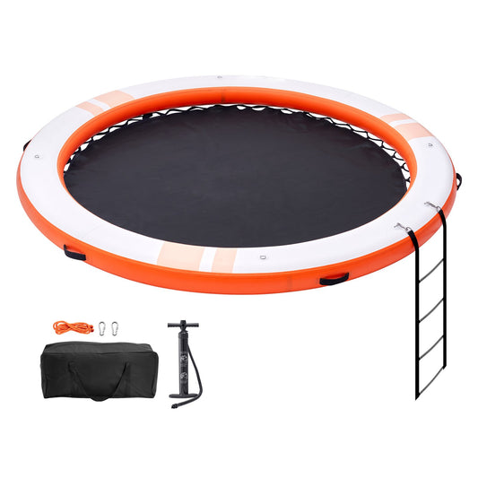 Uppblåsbar flytbrygga, ø8FT Uppblåsbar hamnplattform med ø5FT trampolinnätpool, halkfri flytande plattform Vattenmatta med bärbar väska och avtagbar stege för avkoppling vid poolen