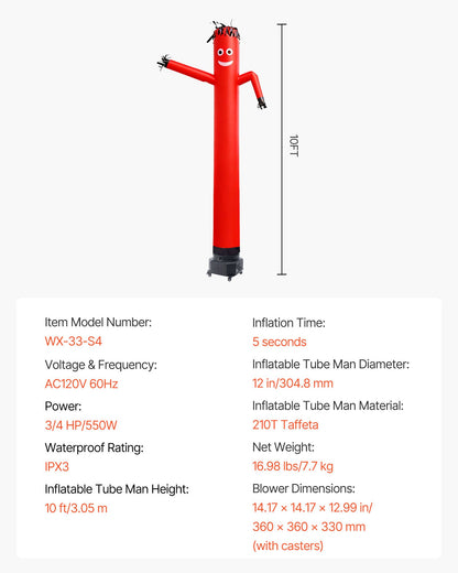 Inflatable Tube Man with Blower, 10 ft Tall, Wacky Waving Wind Flying Inflatable Dancing Tube Guy with 3/4 HP IPX3 Waterproof Blower Fan, for Outdoor Advertising Business Store Decoration, Red