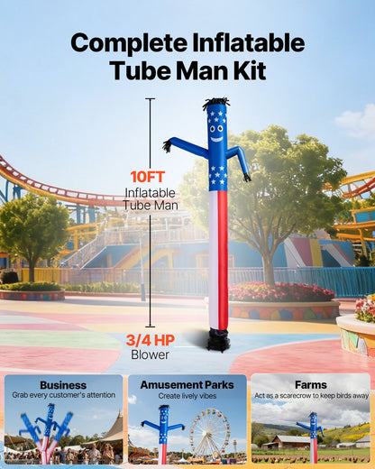 Inflatable Tube Man with Blower, 10 ft Tall, Wacky Waving Wind Flying Inflatable Dancing Tube Guy with 3/4 HP IPX3 Waterproof Blower Fan, for Outdoor Advertising Business Store Party Decoration