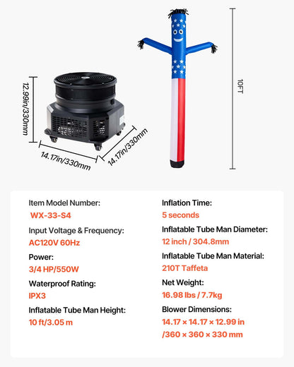 Inflatable Tube Man with Blower, 10 ft Tall, Wacky Waving Wind Flying Inflatable Dancing Tube Guy with 3/4 HP IPX3 Waterproof Blower Fan, for Outdoor Advertising Business Store Party Decoration