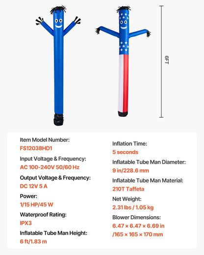 Inflatable Tube Man with Blower, 6 ft Tall, Wacky Waving Wind Flying Inflatable Dancing Tube Guy with 1/15 HP IPX3 Waterproof Blower Fan, for Outdoor Advertising Business Store Party Decoration