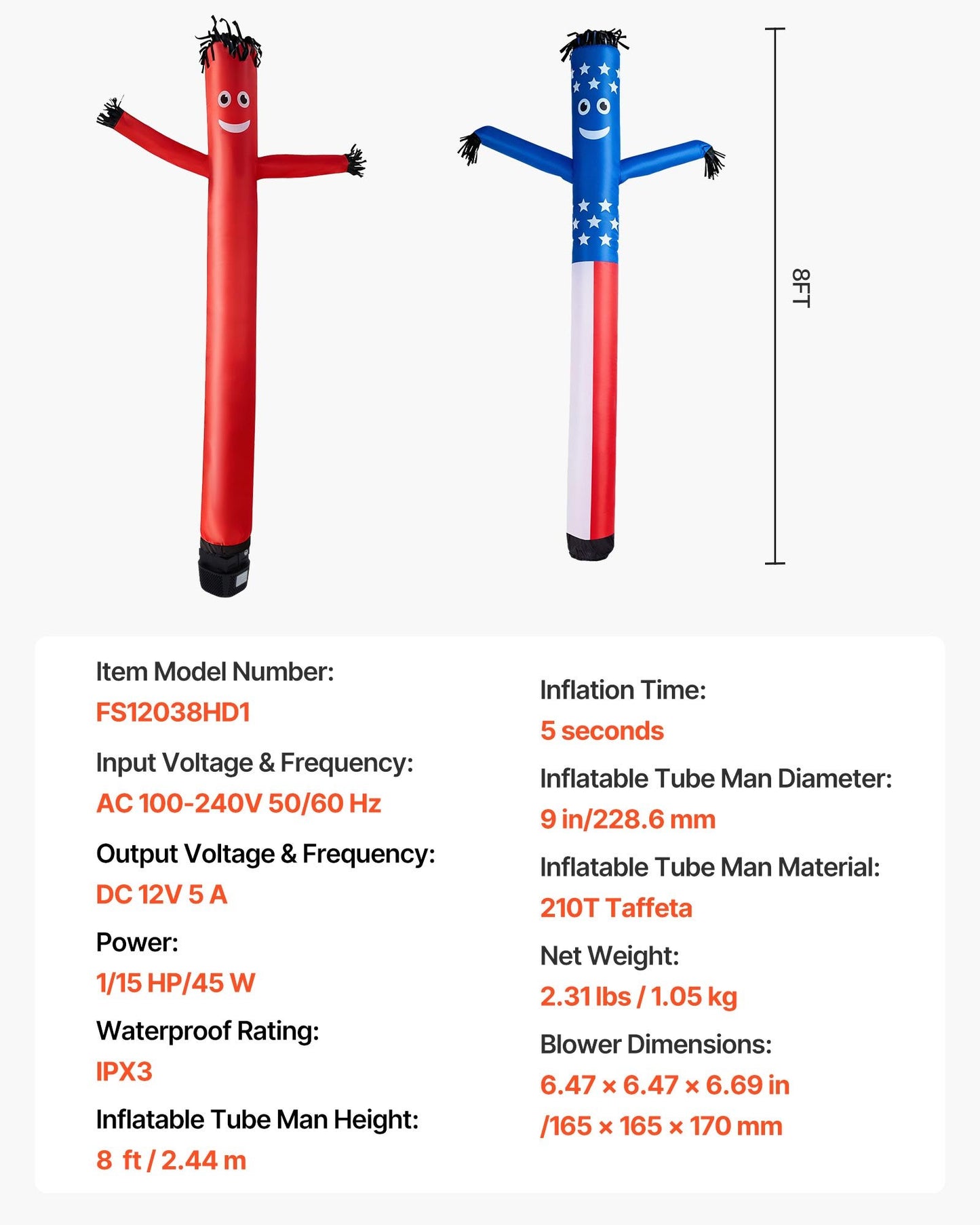 Inflatable Tube Man with Blower, 8 ft Tall, Wacky Waving Wind Flying Inflatable Dancing Tube Guy with 1/15 HP IPX3 Waterproof Blower Fan, for Outdoor Advertising Business Store Party Decoration