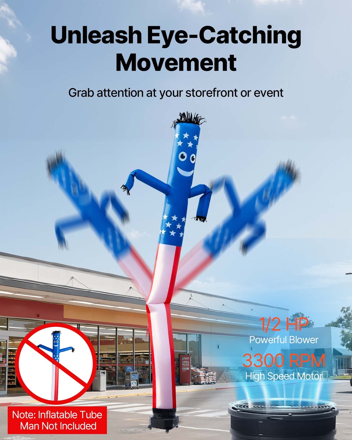 Inflatable Tube Man Blower, 1/2 HP 370W, PP Blower Fan for Wacky Waving Tube Guy, IPX3 Waterproof, Fits 12-Inch Diameter Outdoor Arm Swing Wind Flying Puppet Dancer, Inflatable Not Included