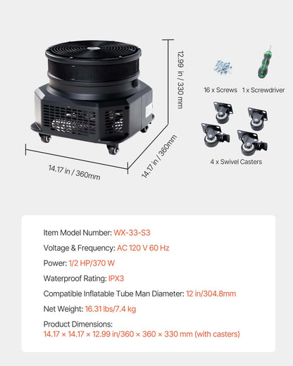 Inflatable Tube Man Blower, 1/2 HP 370W, PP Blower Fan for Wacky Waving Tube Guy, IPX3 Waterproof, Fits 12-Inch Diameter Outdoor Arm Swing Wind Flying Puppet Dancer, Inflatable Not Included