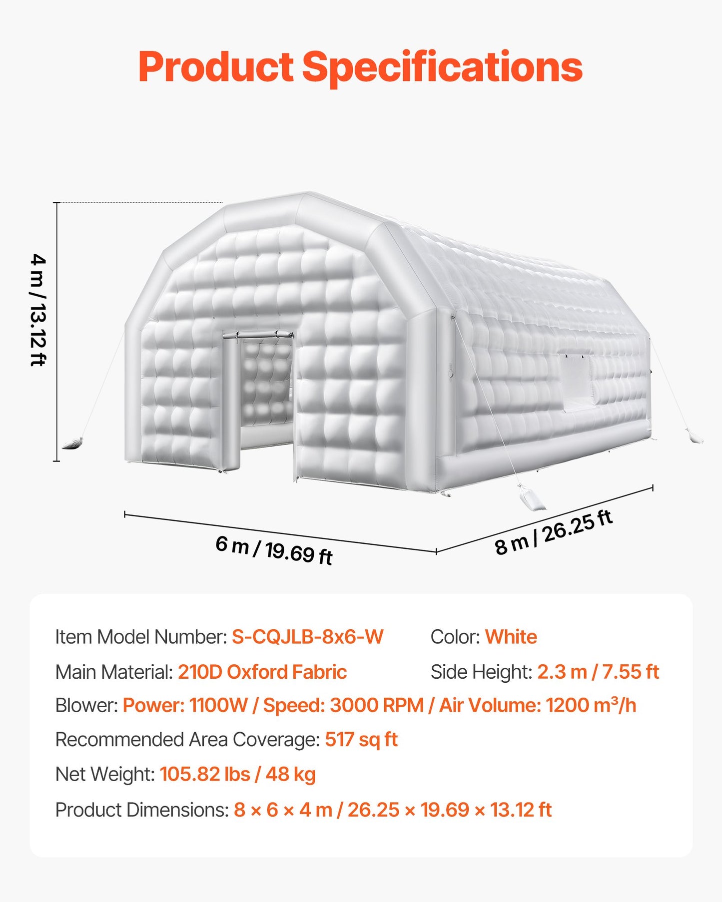 Inflatable Nightclub, 26.2 x 19.7 x 13.1 ft Inflatable Party Tent with 1100W Blower & Sandbag, Blow up Night Club with 2 Windows, Air Cube House for Event Birthday Wedding Party, White