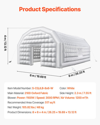 Inflatable Nightclub, 26.2 x 19.7 x 13.1 ft Inflatable Party Tent with 1100W Blower & Sandbag, Blow up Night Club with 2 Windows, Air Cube House for Event Birthday Wedding Party, White