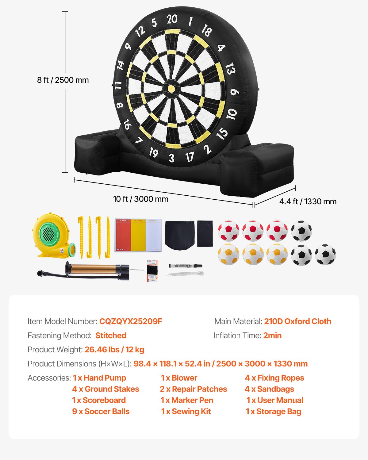 Inflatable Soccer Dart Board over 8 ft High with 9 Kick Balls & Air Pump