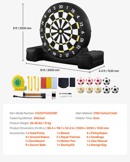 Inflatable Soccer Dart Board over 8 ft High with 9 Kick Balls & Air Pump