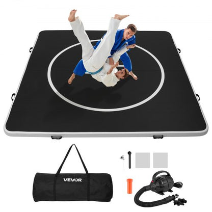 10x10 ft Wrestling Mat Inflatable, Martial Arts Thick Mat for Home Gym Exercise, PVC Foldable Training Mats with Circles and 600W Air Pump, for Gymnastics, Tatami, Jiu Jitsu BJJ MMA Judo, Black