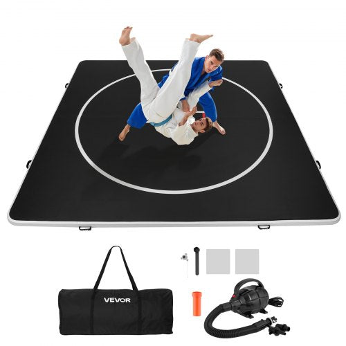 13x13 ft Wrestling Mat Inflatable, Martial Arts Thick Mat for Home Gym Exercise, PVC Foldable Training Mats with Circles and 600W Air Pump, for Gymnastics, Tatami, Jiu Jitsu BJJ MMA Judo, Black