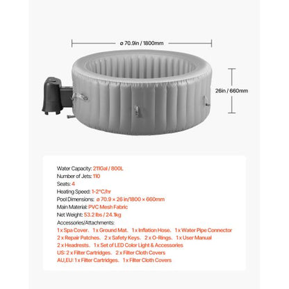 Uppblåsbar Bubbelpool 2 till 4 Personer 1800 x 660 mm Rund Portabel Utomhusspa |  EU