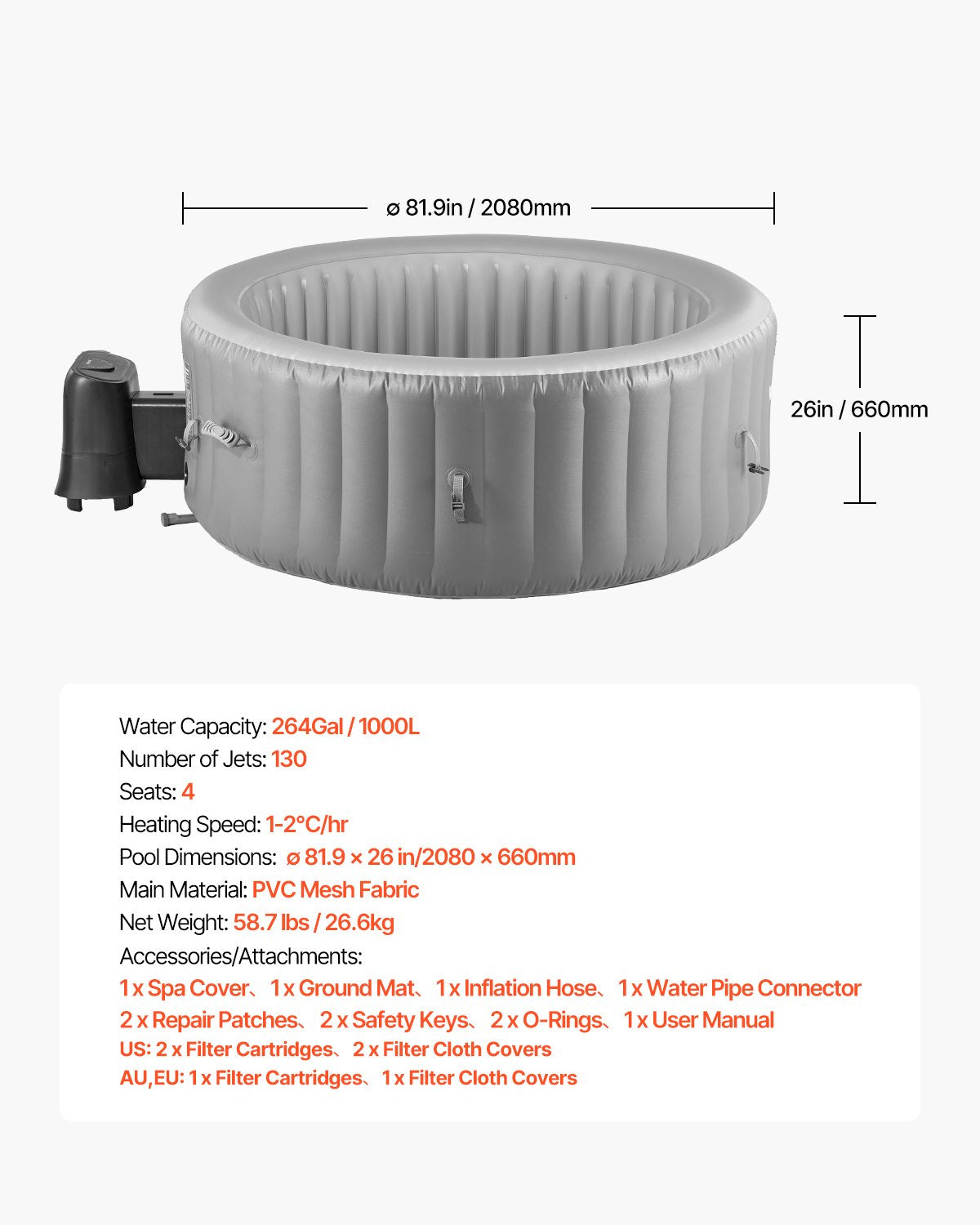 Inflatable Hot Tub, 4 to 6 Person Capacity, 81.9 x 26 in Round Portable Outdoor Spa, with 130 Soothing Jets, Filter, Cover and Mat, Multi-function Control Panel, PVC Outdoor Hot Tub, Grey